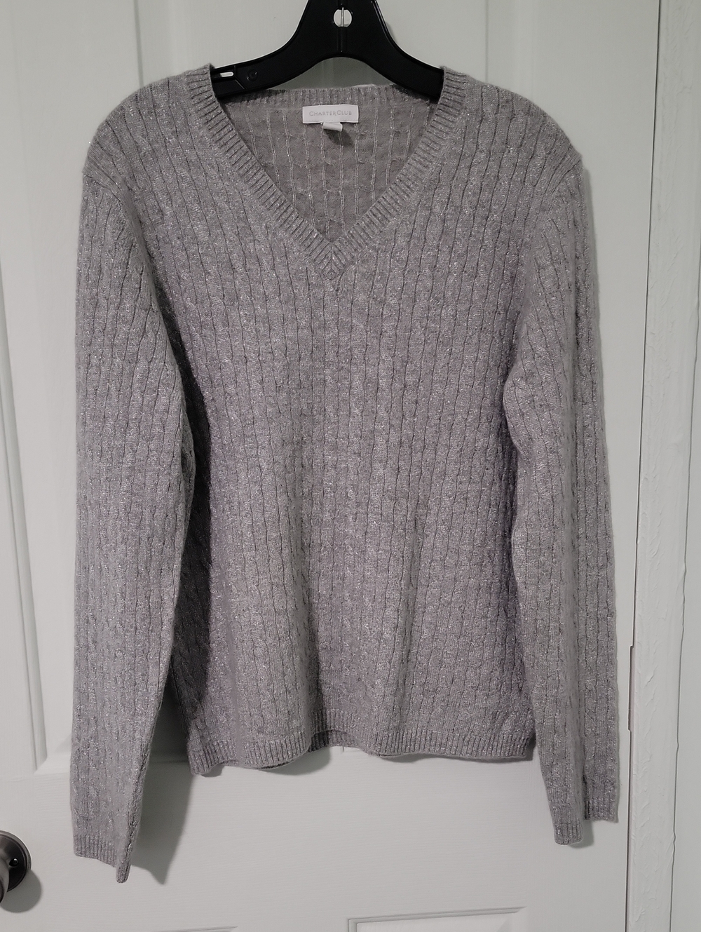 Charter Club Women’s Cashmere Metallic Gray V-Neck Cable Knit Sweater Size Large